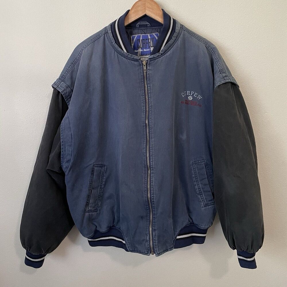 Vintage 90s Curfew Blue Denim Black Canvas Sleeve Bomber Jacket Mens Large Zip